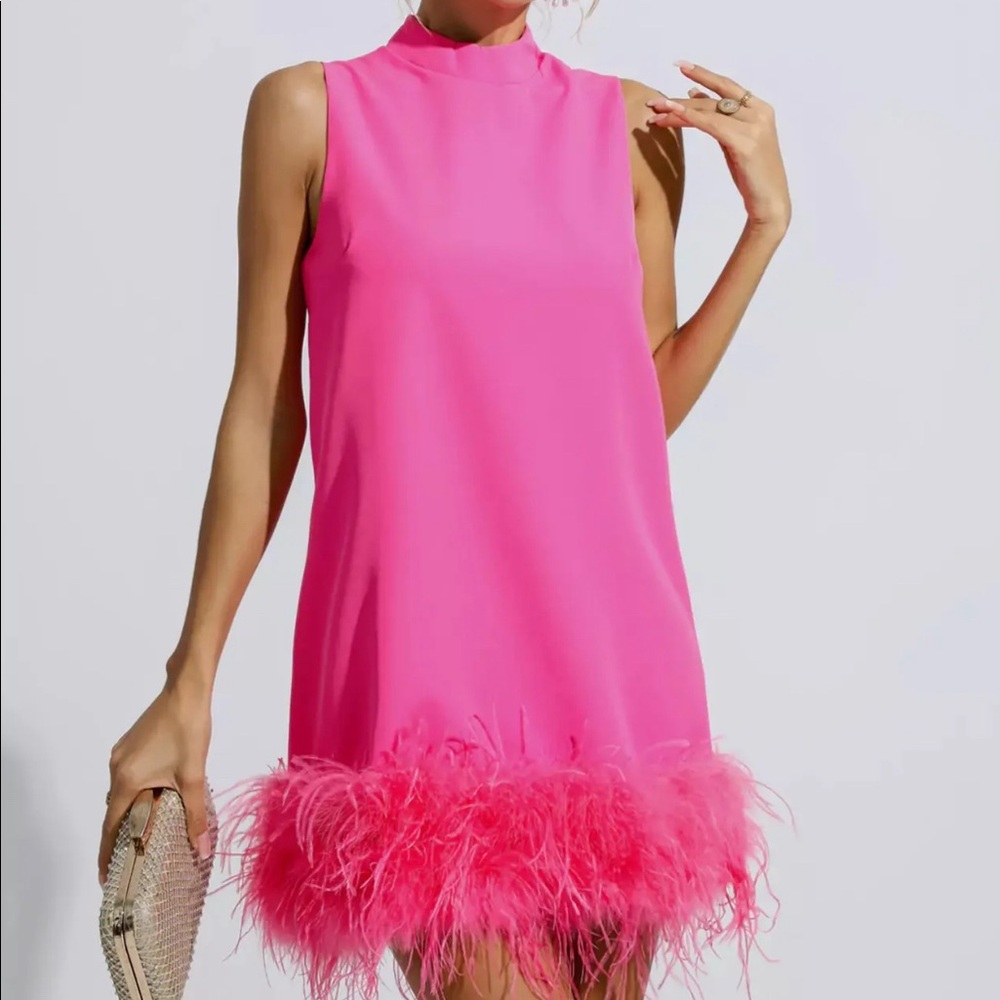Hot pink mini dress with feather trim.  Brand new with tags.